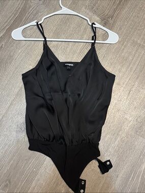 Express Black Satin-Front Spaghetti Strap Bodysuit